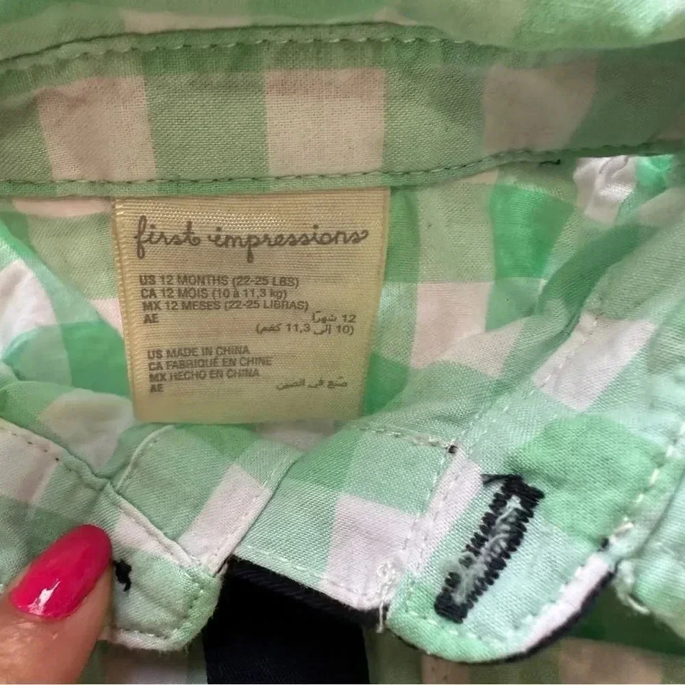 MACY’S FIDST IMPRESSION‎ Baby Boy 12M Dressed Up Outfit Green Gingham Check